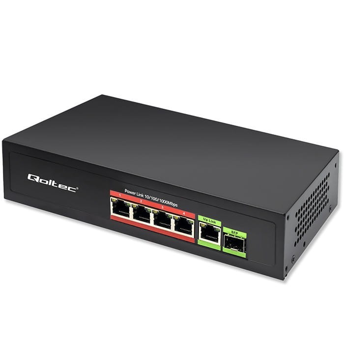 Qoltec Przełącznik sieciowy SWITCH FAST ETHERNET PoE 4x RJ45 PoE 1x RJ45Uplink 1x SFP | 65W | 1000 Mb/s