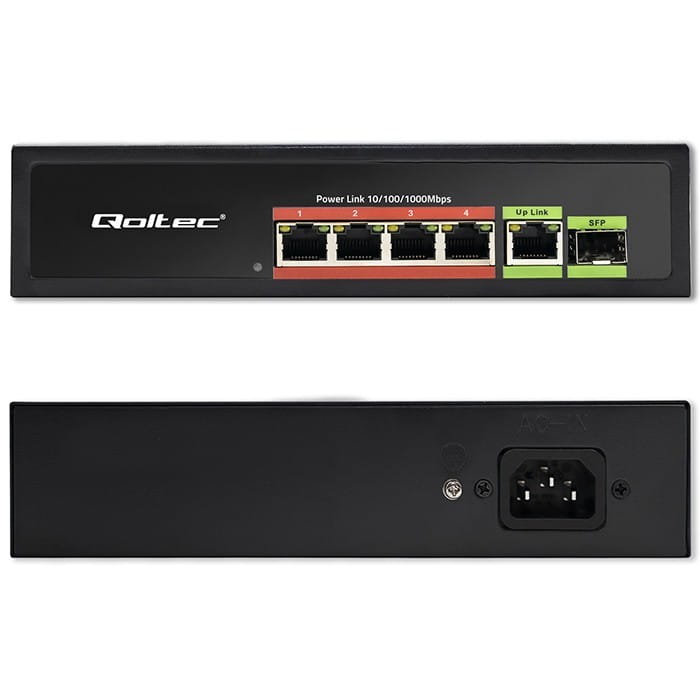 Qoltec Przełącznik sieciowy SWITCH FAST ETHERNET PoE 4x RJ45 PoE 1x RJ45Uplink 1x SFP | 65W | 1000 Mb/s