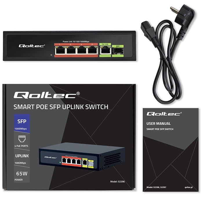 Qoltec Przełącznik sieciowy SWITCH FAST ETHERNET PoE 4x RJ45 PoE 1x RJ45Uplink 1x SFP | 65W | 1000 Mb/s
