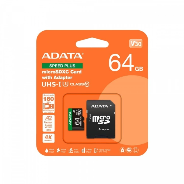 Adata Karta microSD Speed Plus 64GB UHS1 U3 V30 A2 160/140 MB/s