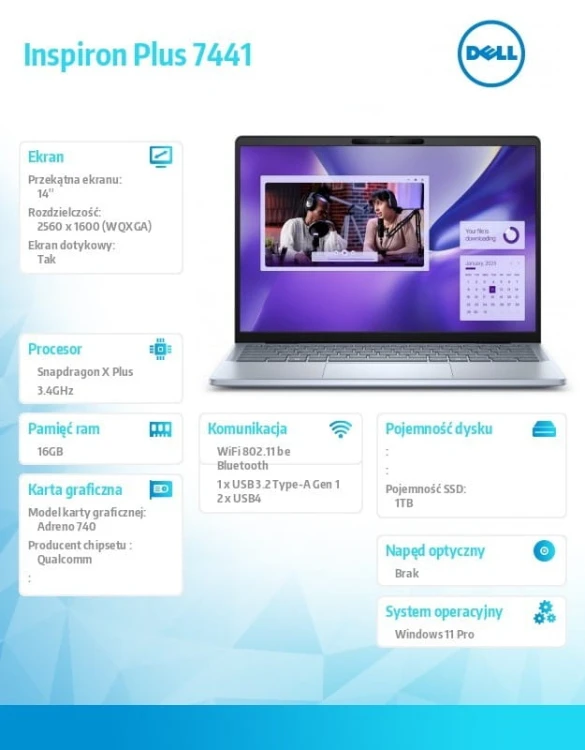 Dell Notebook Inspiron Plus 7441/XPLUS10C/16GB/1TB SSD Gen4/14.0 QHD+ Touch/Adreno GPU/FgrPr/Cam &amp; Mic/WLAN + BT/Backlit Kb/3 Cell/3Y Basic Onsite