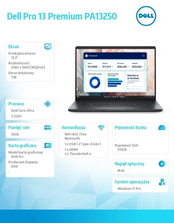 Dell Laptop Dell Pro 13 Premium PA13250/Ultra 7 268V/32GB/512GB SSD Gen4/13.3 QHD+ Touch/Arc/FgrPr/Cams&amp;Mic/WLAN+BT/Bck Kb/3C/vPro/3YPS Magnesium