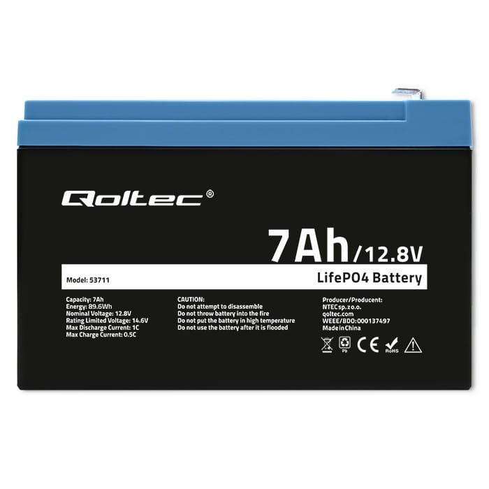 Qoltec Akumulator LiFePO4 Litowo-Żelazowo-Fosforanowy | 12.8V |  7Ah |  89.6Wh | BMS