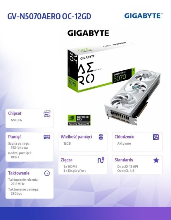 Gigabyte Karta graficzna RTX 5070 AERO OC 12GB GDDR7 192bit HDMI/DP