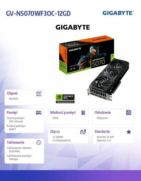 Gigabyte Karta graficzna GeForce RTX 5070 WINDFO FORCE OC SFF 12G 192BIT