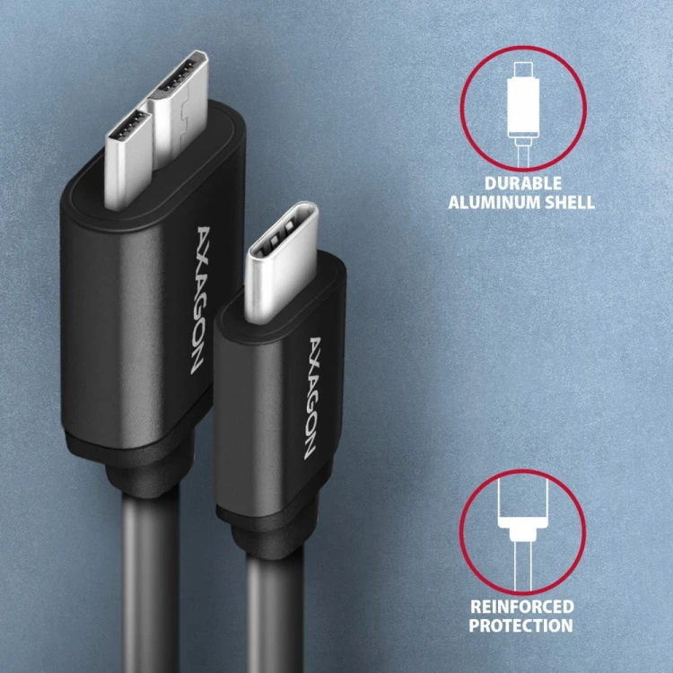 AXAGON BUMM3-CM10AB Kabel Micro-B USB,  USB-C 3.2 Gen 1, 1m, 3A, ALU, PVC Czarny