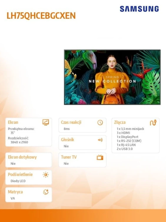 Samsung Monitor profesjonalny QH75C 75 cali Matowy 24h/7 700(cd/m2) 3840 x 2160 (UHD) S10 Player (Tizen 7) Wi-Fi/BT 3 lata On-Site (LH75QHCEBGCXEN)