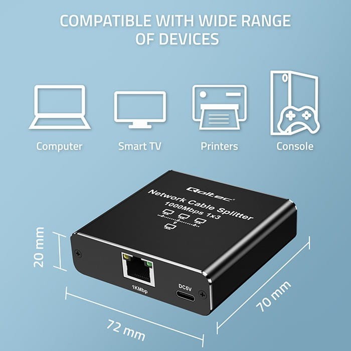 Qoltec Rozdzielacz Splitter Ethernet mini SWITCH 1x3 RJ45 | 1000Mb/s |  USB-C | Aluminium