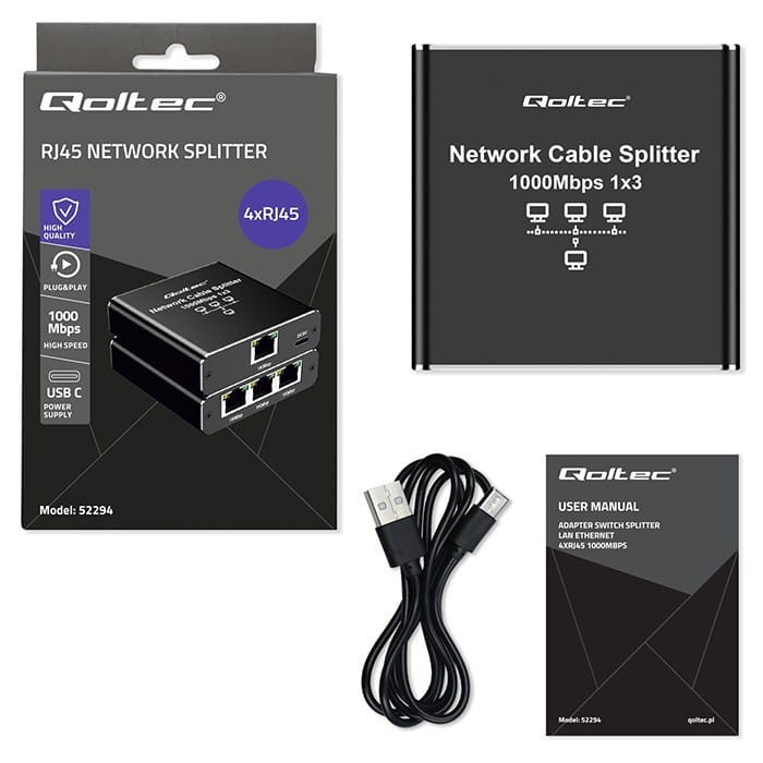 Qoltec Rozdzielacz Splitter Ethernet mini SWITCH 1x3 RJ45 | 1000Mb/s |  USB-C | Aluminium