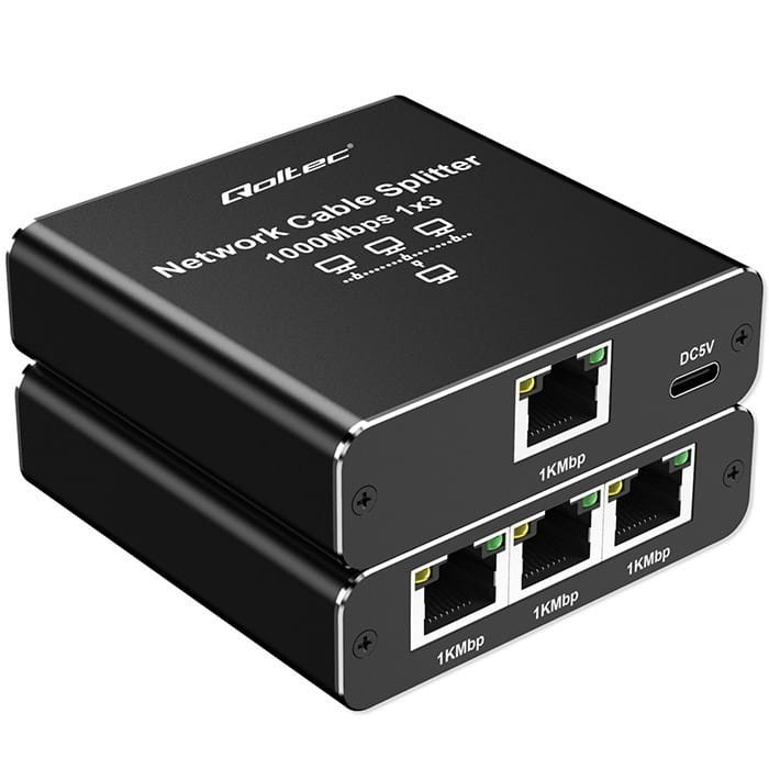 Qoltec Rozdzielacz Splitter Ethernet mini SWITCH 1x3 RJ45 | 1000Mb/s |  USB-C | Aluminium