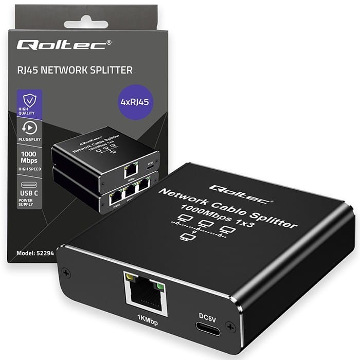 Qoltec Rozdzielacz Splitter Ethernet mini SWITCH 1x3 RJ45 | 1000Mb/s |  USB-C | Aluminium