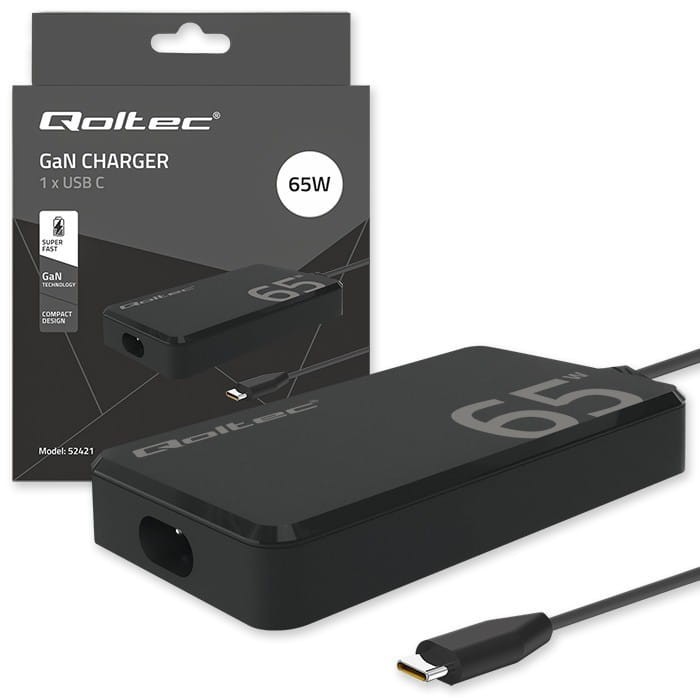 Qoltec Ładowarka sieciowa 65W GaN Super Fast SLIM | PD | 5-20V | 3.25A |USB-C 3.1 | Laptop | MacBook | Smartfon | +kabel