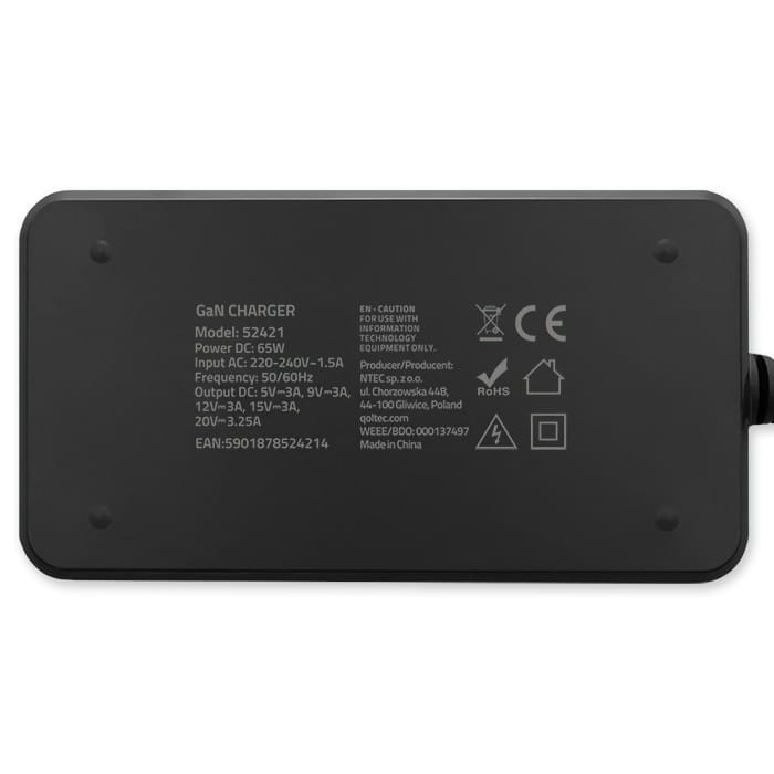 Qoltec Ładowarka sieciowa 65W GaN Super Fast SLIM | PD | 5-20V | 3.25A |USB-C 3.1 | Laptop | MacBook | Smartfon | +kabel