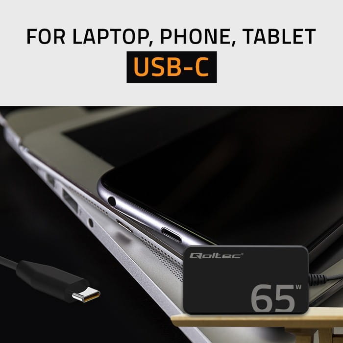 Qoltec Ładowarka sieciowa 65W GaN Super Fast SLIM | PD | 5-20V | 3.25A |USB-C 3.1 | Laptop | MacBook | Smartfon | +kabel