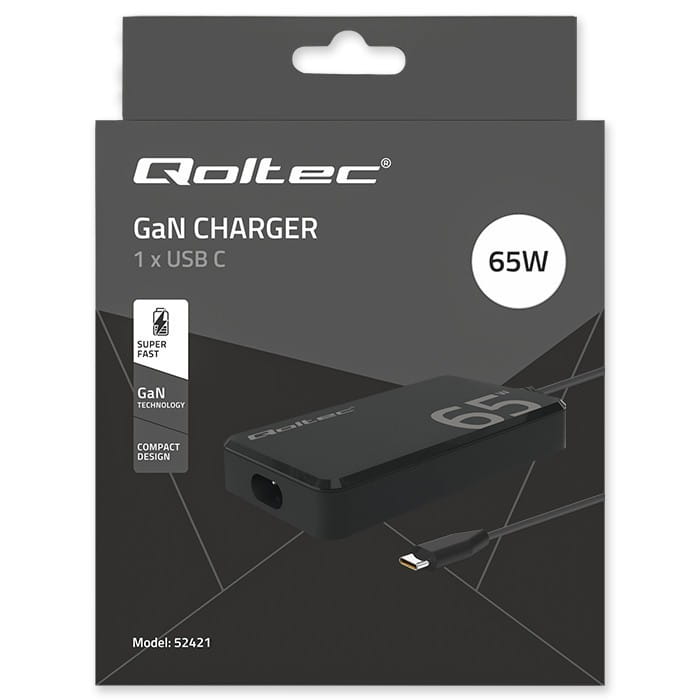 Qoltec Ładowarka sieciowa 65W GaN Super Fast SLIM | PD | 5-20V | 3.25A |USB-C 3.1 | Laptop | MacBook | Smartfon | +kabel