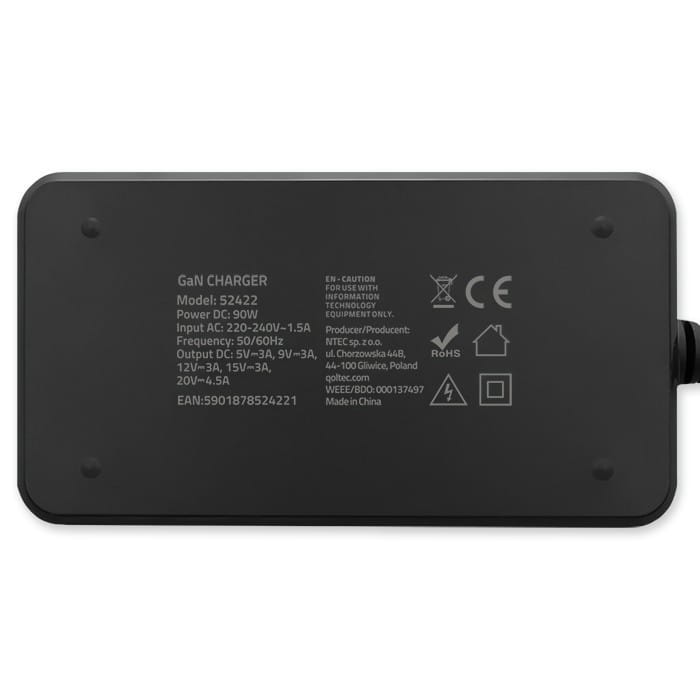 Qoltec Ładowarka sieciowa 90W GaN Fast SLIM | PD | 5-20V | 4.5A | USB-C 3.1 | Laptop | MacBook | Smartfon | +kabel