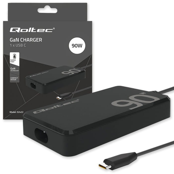 Qoltec Ładowarka sieciowa 90W GaN Fast SLIM | PD | 5-20V | 4.5A | USB-C 3.1 | Laptop | MacBook | Smartfon | +kabel