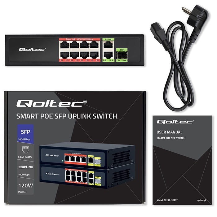 Qoltec Przełącznik sieciowy SWITCH FAST Ethernet 8x RJ45 PoE 2x RJ45 Uplink 1x SFP | 120W | 1000Mb/s