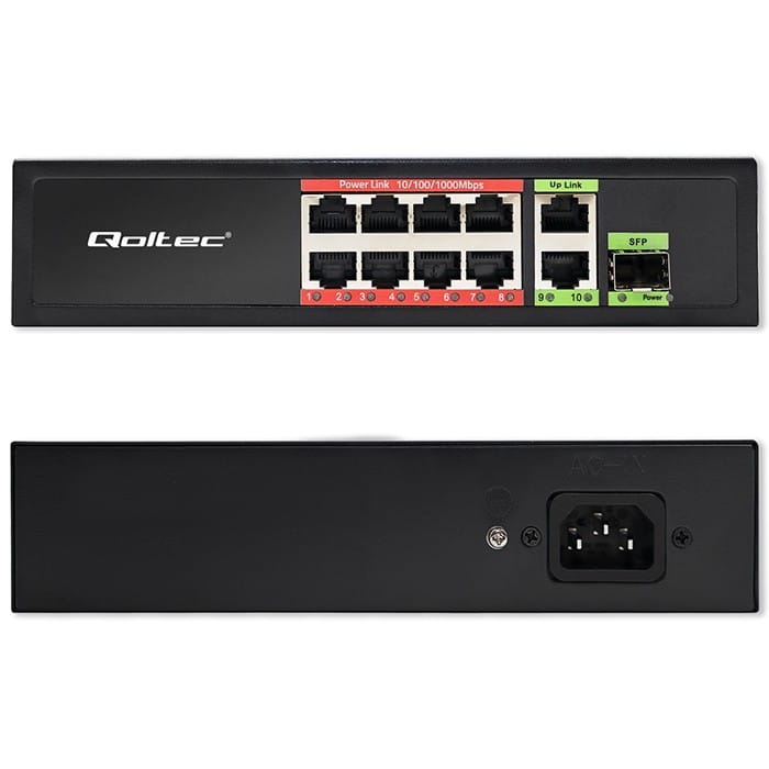 Qoltec Przełącznik sieciowy SWITCH FAST Ethernet 8x RJ45 PoE 2x RJ45 Uplink 1x SFP | 120W | 1000Mb/s