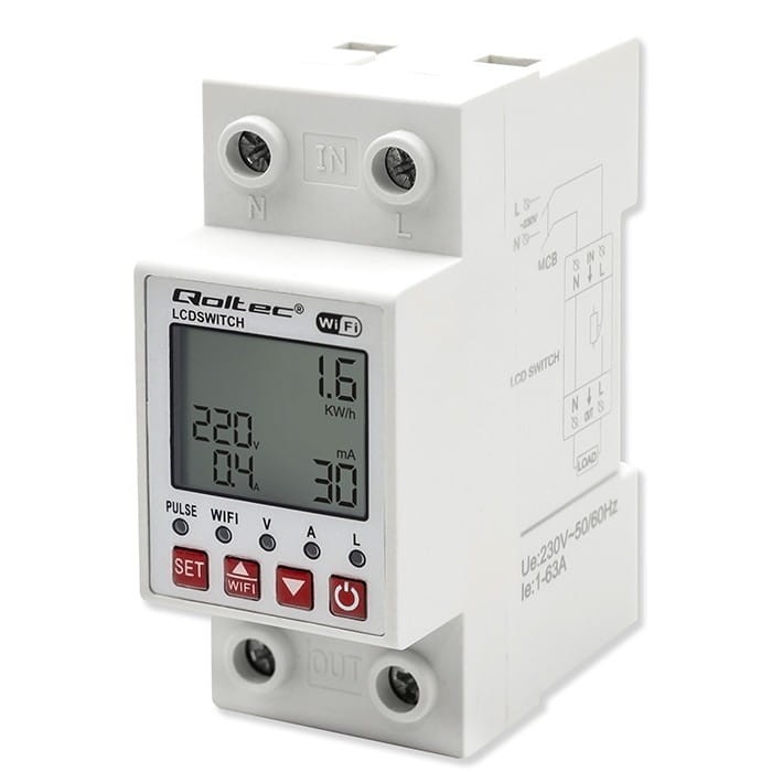Qoltec Przekaźnik 63A na szynę DIN z licznikiem energii elektrycznej |  Timer | Tuya | Wi-Fi | LED