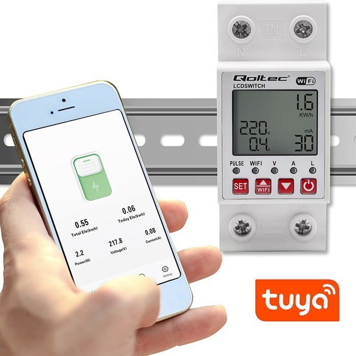 Qoltec Przekaźnik 63A na szynę DIN z licznikiem energii elektrycznej |  Timer | Tuya | Wi-Fi | LED