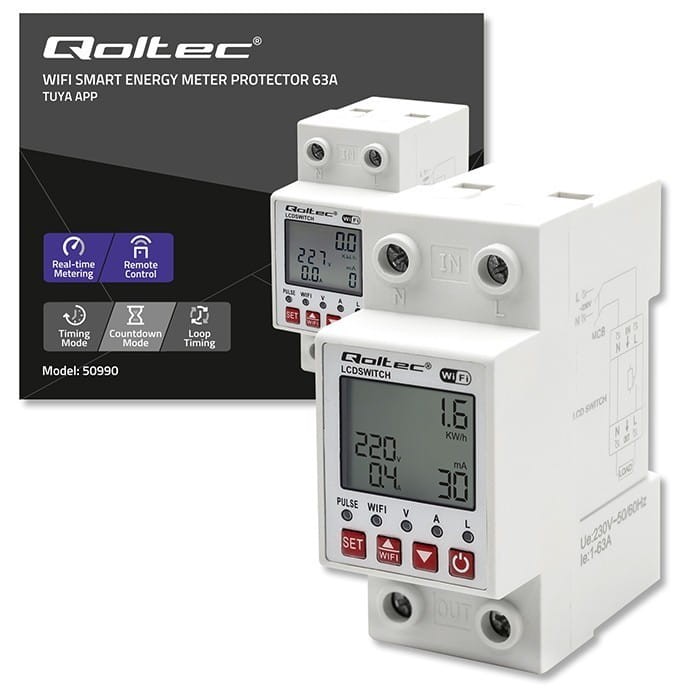 Qoltec Przekaźnik 63A na szynę DIN z licznikiem energii elektrycznej |  Timer | Tuya | Wi-Fi | LED
