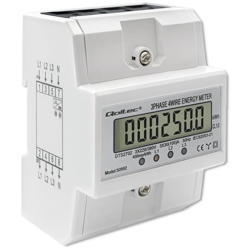 Qoltec Trójfazowy elektroniczny licznik | miernik zużycia energii na szynę DIN | 400V | 100A | LCD | 4P