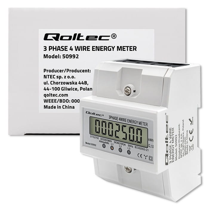 Qoltec Trójfazowy elektroniczny licznik | miernik zużycia energii na szynę DIN | 400V | 100A | LCD | 4P
