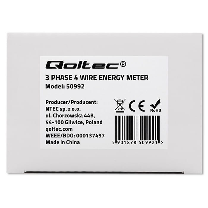Qoltec Trójfazowy elektroniczny licznik | miernik zużycia energii na szynę DIN | 400V | 100A | LCD | 4P