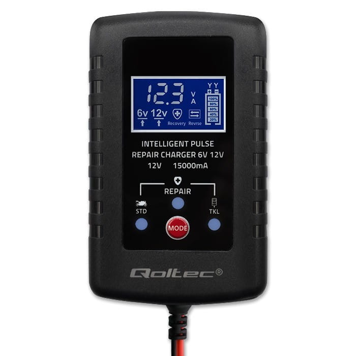 Qoltec Automatyczna ładowarka do akumulatora AGM GEL STD 6V/12V | 2A |  Prostownik z funkcją naprawy i wyświetlaczem LED