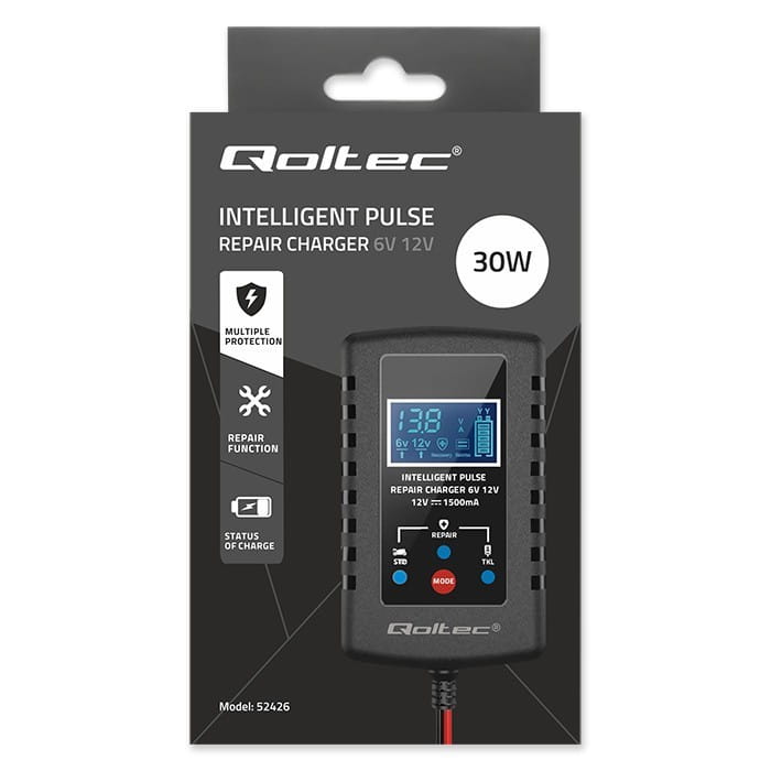Qoltec Automatyczna ładowarka do akumulatora AGM GEL STD 6V/12V | 2A |  Prostownik z funkcją naprawy i wyświetlaczem LED