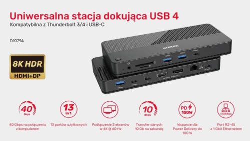 Unitek Stacja dokująca 12w1 USB-C, HDMI 2.1, USB 4, PD 100W; D1079A