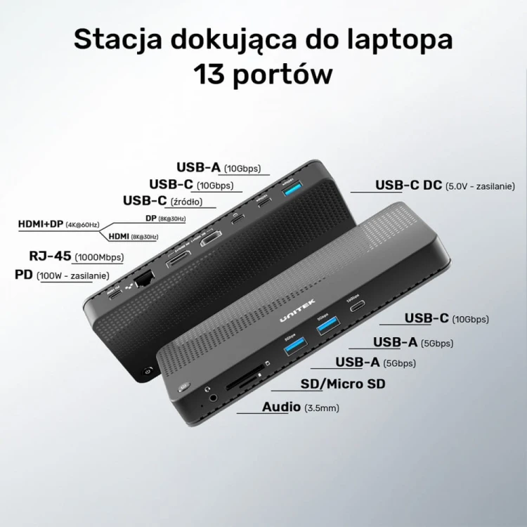 Unitek Stacja dokująca 12w1 USB-C, HDMI 2.1, USB 4, PD 100W; D1079A