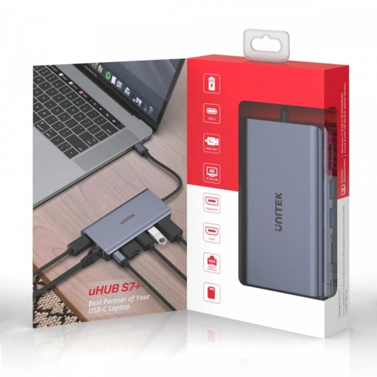 Unitek HUB USB-C 2x USB 3.1, HDMI 2.0, DP 1.4, RJ45, SD, PD 100W; D1056A