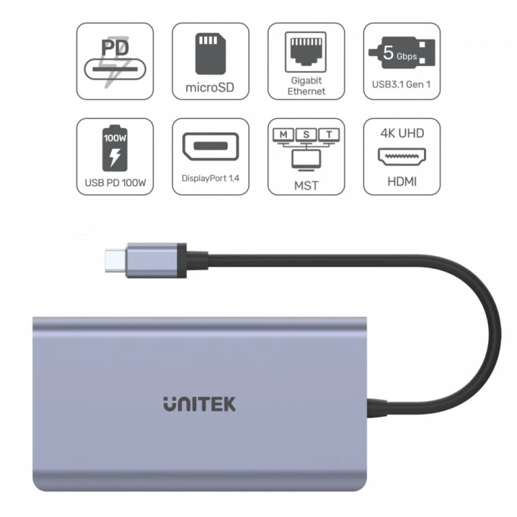 Unitek HUB USB-C 2x USB 3.1, HDMI 2.0, DP 1.4, RJ45, SD, PD 100W; D1056A