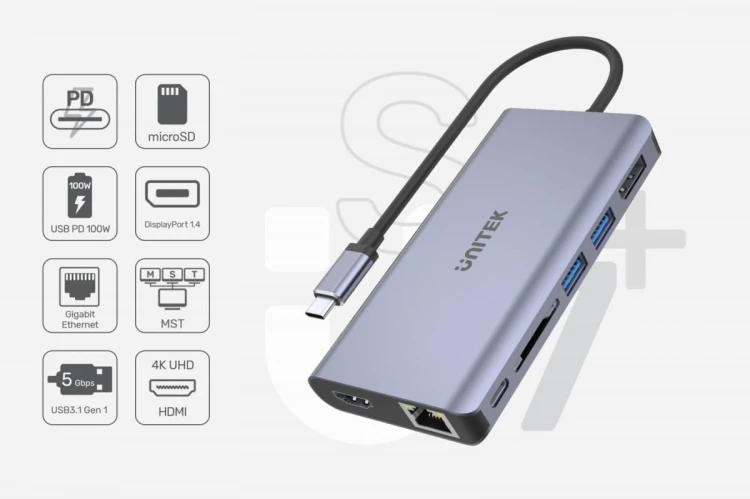 Unitek HUB USB-C 2x USB 3.1, HDMI 2.0, DP 1.4, RJ45, SD, PD 100W; D1056A