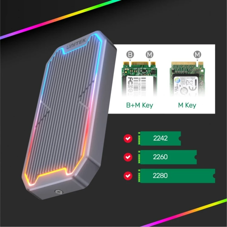 Unitek Obudowa dysku SSD M.2 NVMe/SATA 10Gbps, RGB; S1210B