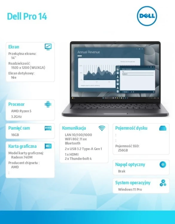 Dell Laptop Dell Pro 14 PC14255/AMD Ryzen 5 220/16GB/256GB/14.0 FHD+/Radeon 740M/FgrPr/Cam &amp; Mic/WLAN + BT/Backlit Kb/3 Cell/W11Pro