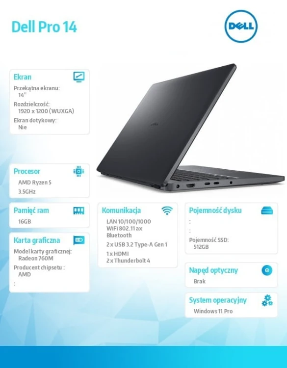 Dell Laptop Dell Pro 14 PC14255/AMD Ryzen 5 PRO 230/16GB/512GB SSD/14.0 FHD+/Radeon 760M/FgrPr/FHD/IR Cam/Mic/WLAN+BT/Backlit Kb/3 Cell/W11Pro