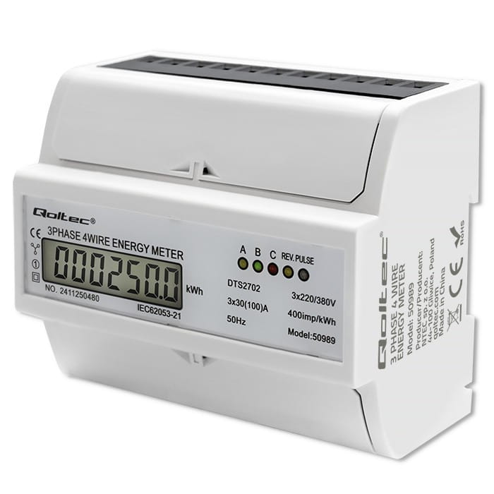 Qoltec Trójfazowy dwukierunkowy elektroniczny licznik | miernik zużycia energii na szynę DIN | 400V | 100A | LCD | 4P