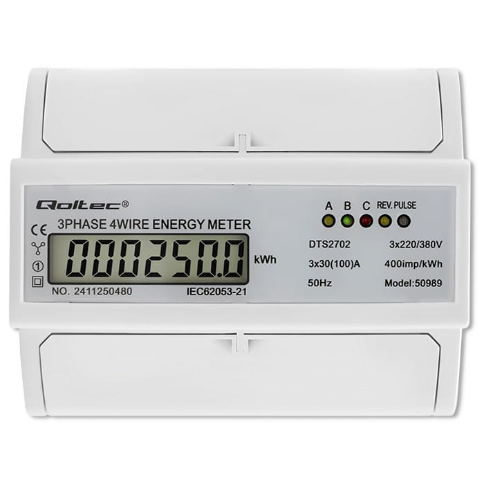 Qoltec Trójfazowy dwukierunkowy elektroniczny licznik | miernik zużycia energii na szynę DIN | 400V | 100A | LCD | 4P