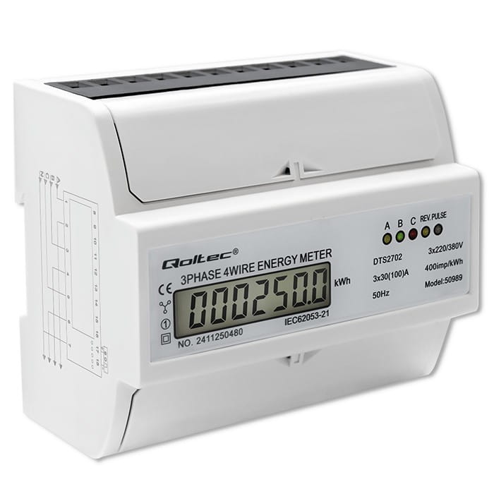 Qoltec Trójfazowy dwukierunkowy elektroniczny licznik | miernik zużycia energii na szynę DIN | 400V | 100A | LCD | 4P
