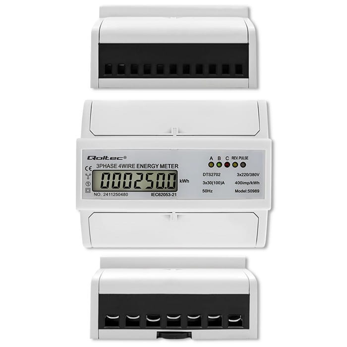 Qoltec Trójfazowy dwukierunkowy elektroniczny licznik | miernik zużycia energii na szynę DIN | 400V | 100A | LCD | 4P