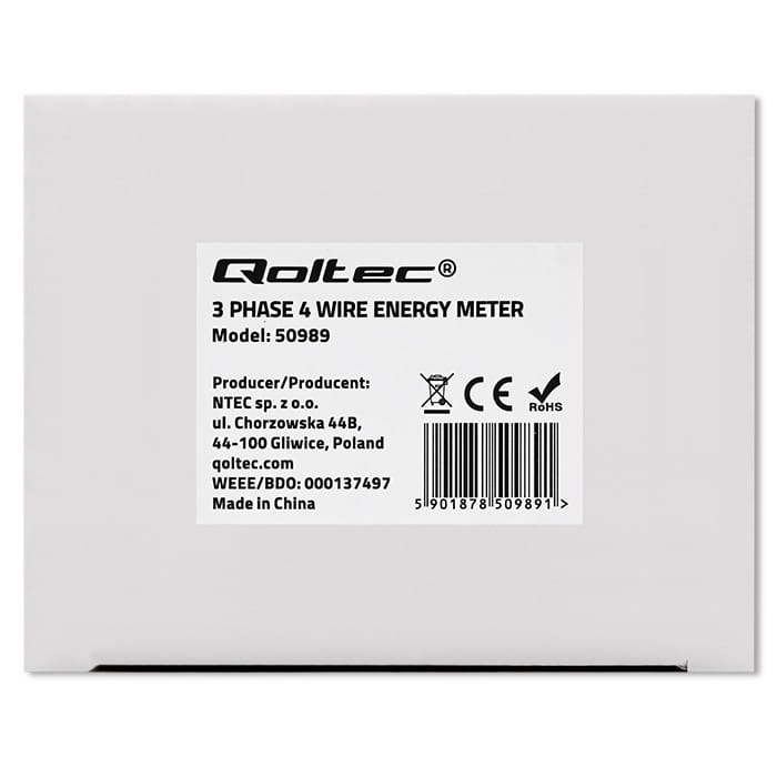 Qoltec Trójfazowy dwukierunkowy elektroniczny licznik | miernik zużycia energii na szynę DIN | 400V | 100A | LCD | 4P