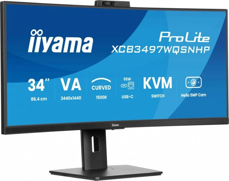IIYAMA Monitor 34 cale XCB3497WQSNPH-B1,VA,UWQHD,1500R,USB-C Dock 95W, RJ45, KVM,2x5W, kamera 5MP, /5y/