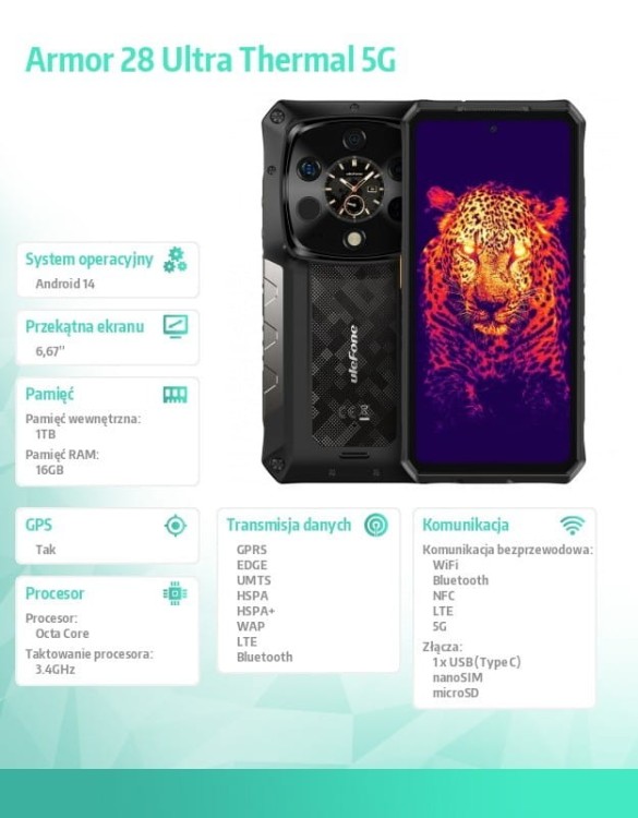 ULEFONE Smartfon Armor 28 Ultra Thermal 5G 16GB/1TB czarny