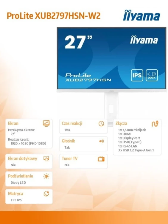 IIYAMA Monitor 27 cali XUB2797HSN-W2 IPS,FHD,USB-C Dock,HAS,300cd,1ms,sRGB99%,100Hz,HDMI,DP-out,USBx4,RJ45,2x2W/5y/