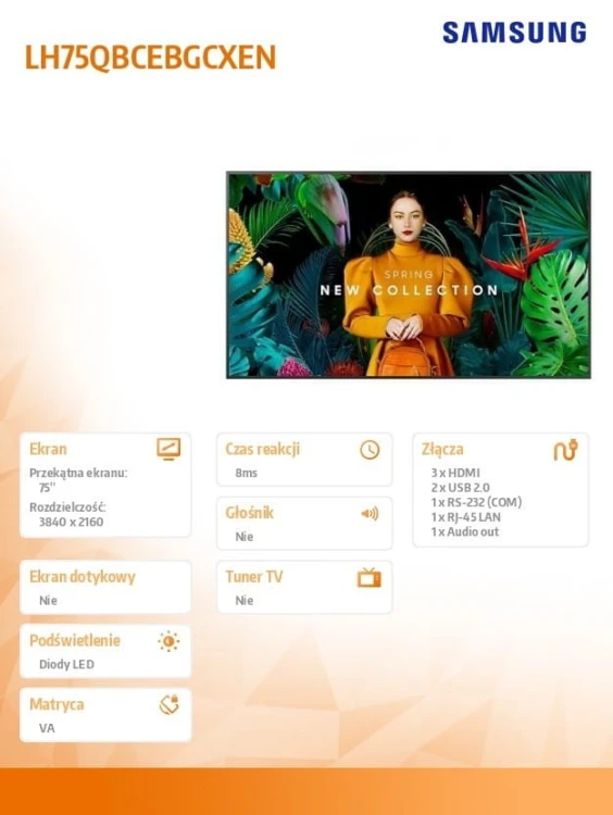 Samsung Monitor profesjonalny QB75C 75 cali Błyszczący 16h/7 350(cd/m2) 3840x2160 (UHD) S10 Player (Tizen 7) Wi-Fi/BT 3 lata On-Site (LH75QBCEBGCXEN)
