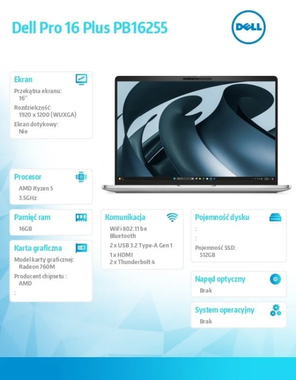 Dell Laptop Dell Pro 16 Plus PB16255 W11P AMD Ryzen 5 PRO 230/16GB/512GB/16.0 FHD+/AMD Radeon 760M/FPr&amp;SmtCd/FHD/IRCam/Mic/WLAN+BT/BcklKb/3C/3YPS