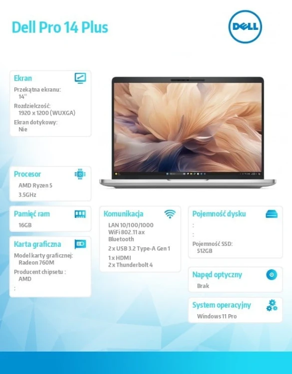 Dell Laptop Dell Pro 14 Plus PB14255/AMD Ryzen 5 PRO 230/16GB/512GB SSD Gen4/14.0 FHD+/Radeon 760M/FgrPr&amp;SmtCd/FHD/IR Cam/Mic/WLAN+BT/Backlit Kb/3Cell